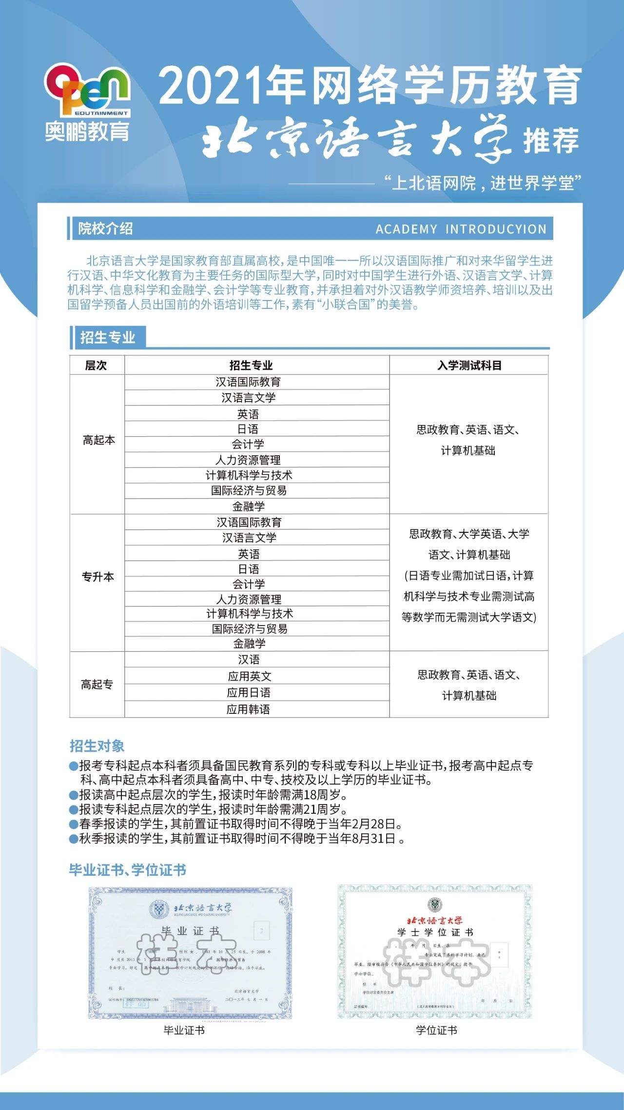 2021年网络教育学院北京语言大学招生简章